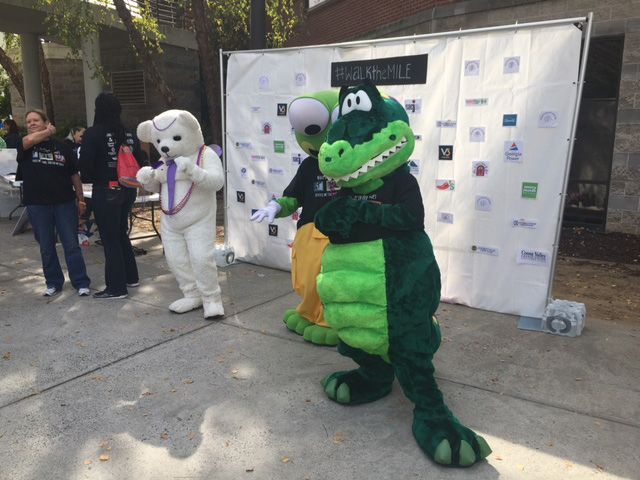 A group of mascots are standing in front of a wall that says pharmacy