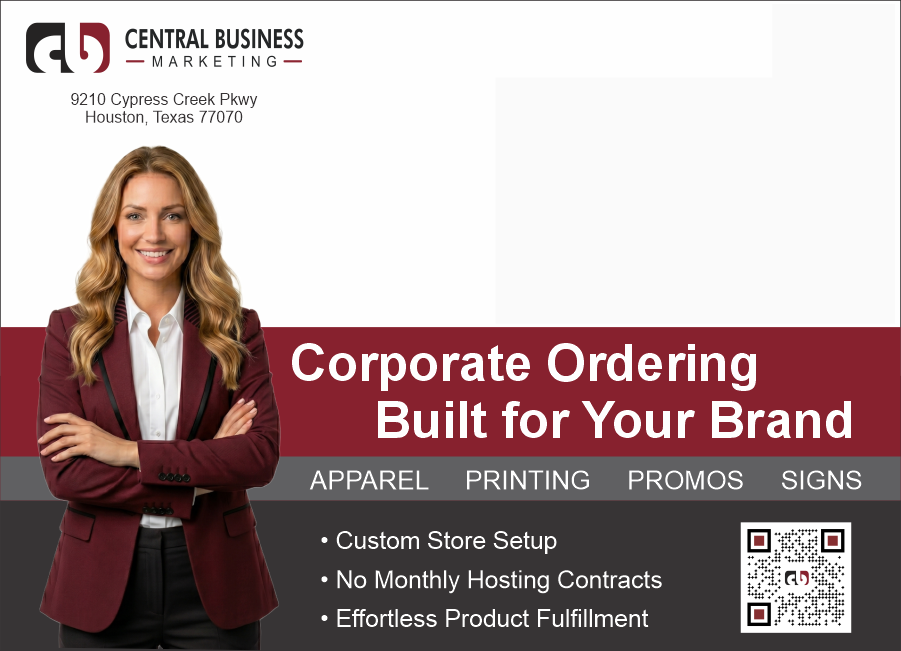 Corporate ordering postcard back for Central Business Marketing apparel printing promos and signs