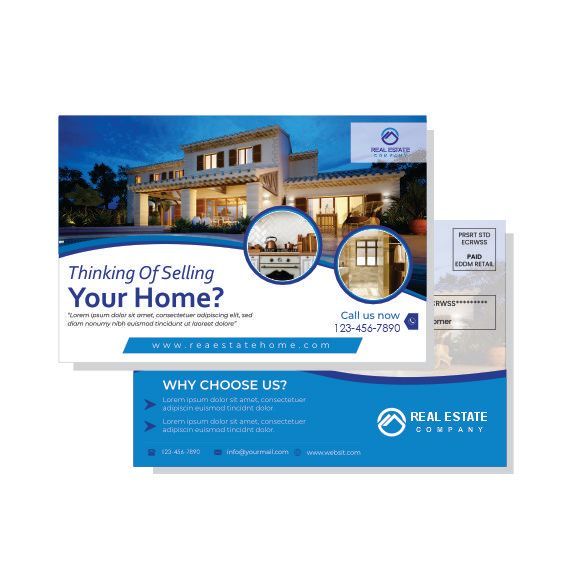 Real estate postcard with home photo and Thinking of Selling Your Home headline