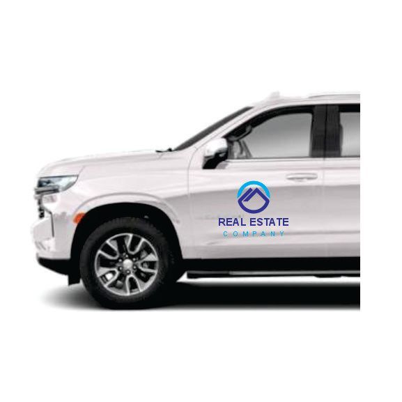 Vehicle decal with real estate company logo on white SUV
