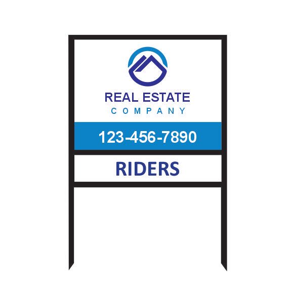 Real estate yard sign with riders showing phone number
