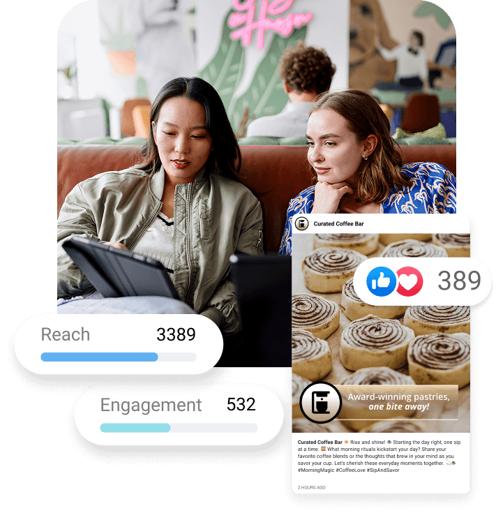 Two women reviewing social media content on tablet with engagement metrics