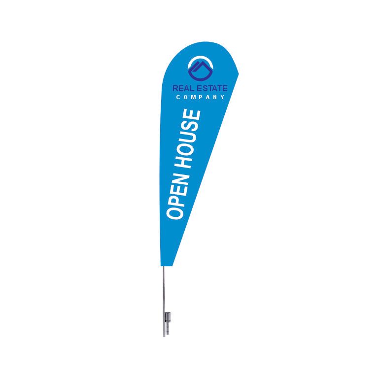 Open house feather flag with real estate company branding