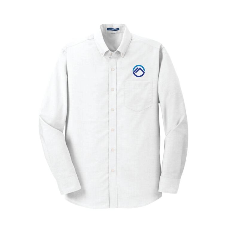 Custom branded white oxford shirt with embroidered logo