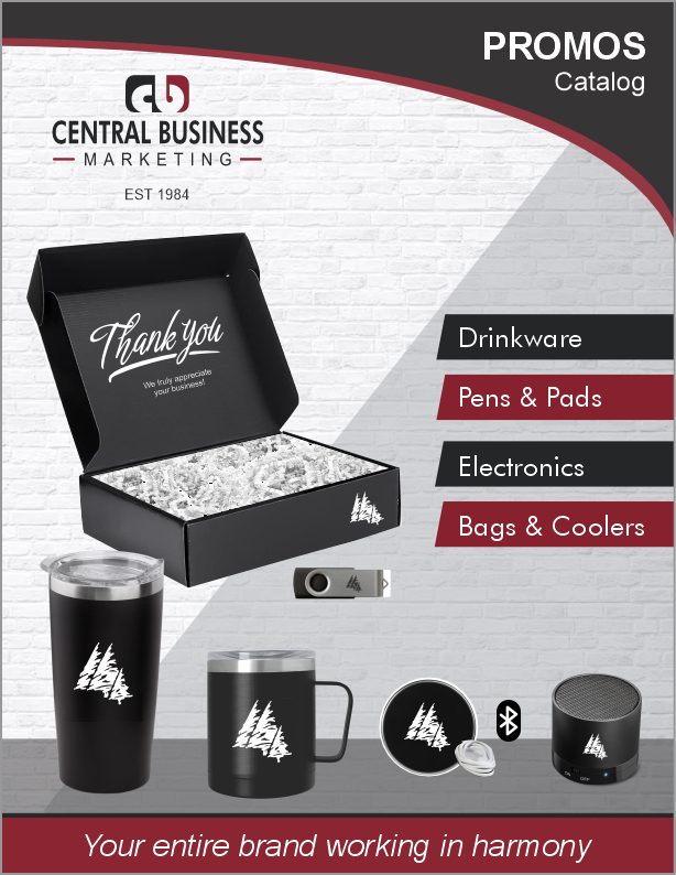 Promos catalog cover featuring drinkware pens and pads