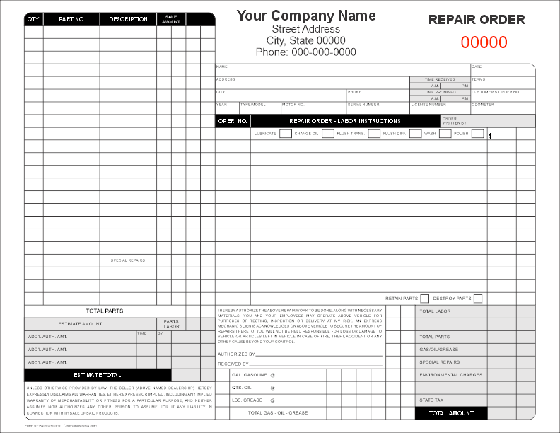 Repair Order Template