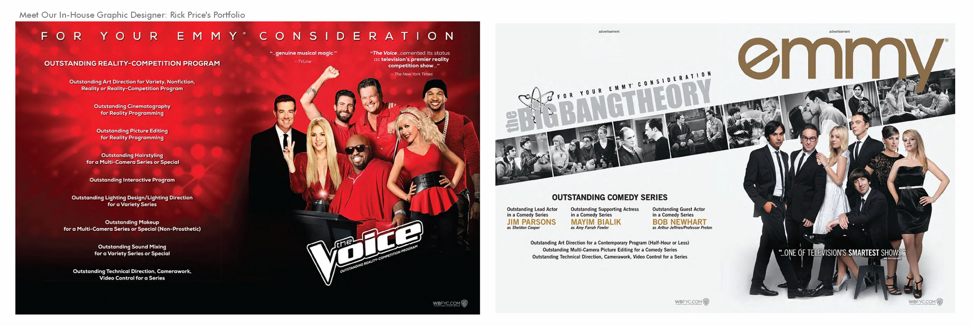 Direct mail promotional pieces for The Voice and Big Bang Theory Emmy consideration
