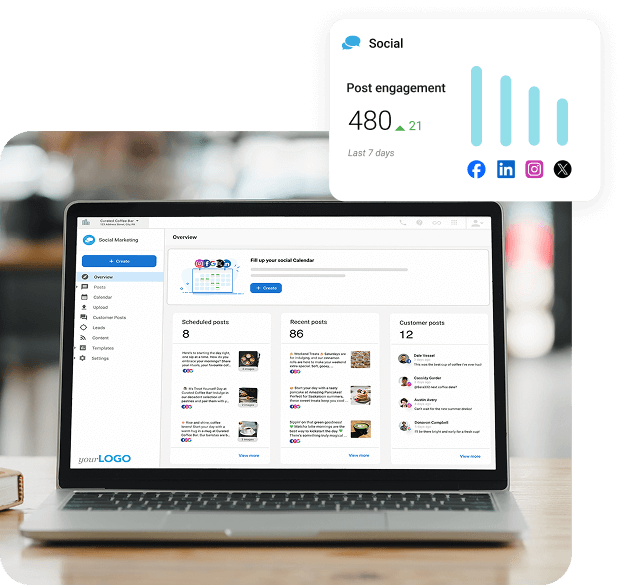 Social media reporting dashboard showing post engagement stats across Facebook LinkedIn Instagram and X