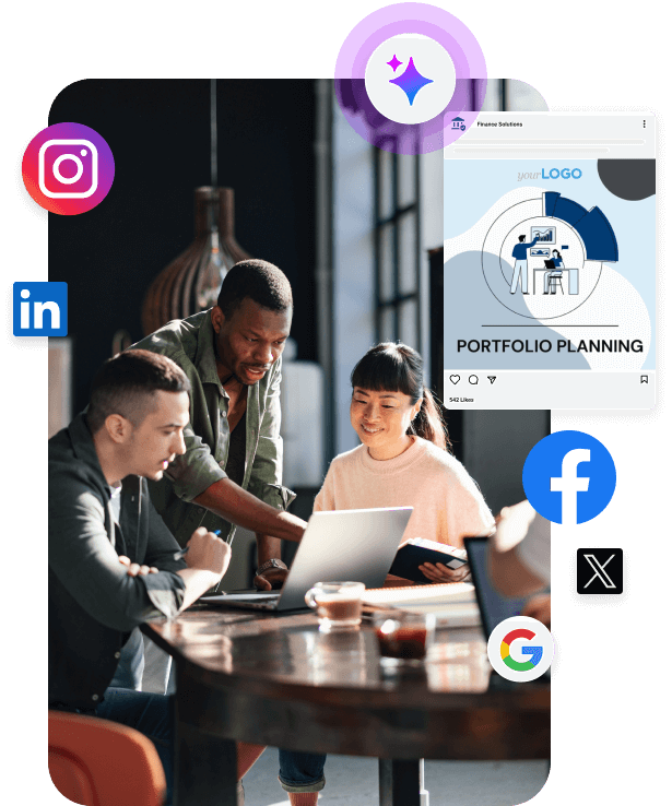 Social media team reviewing portfolio planning on laptop with Instagram and LinkedIn icons