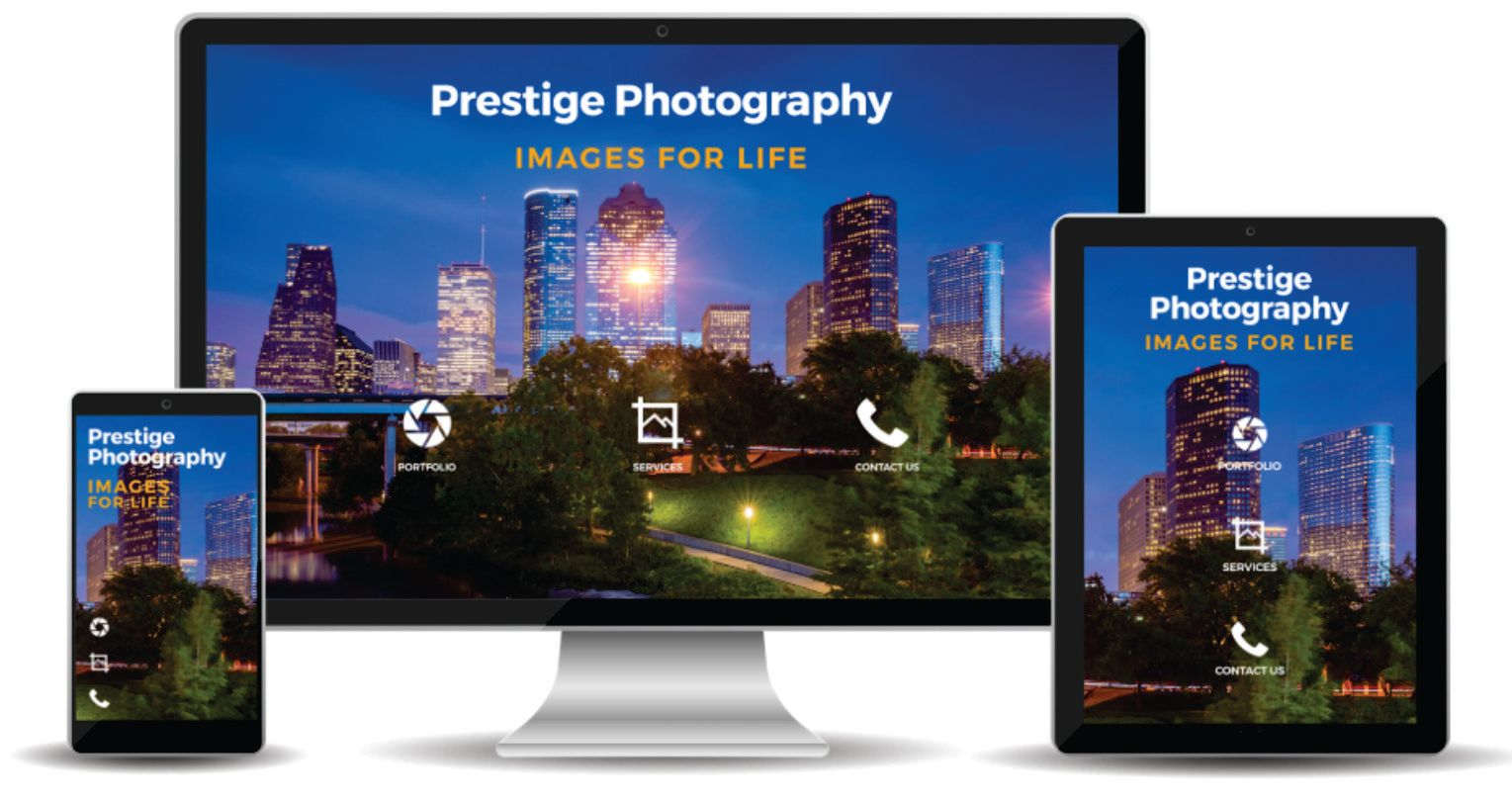 Responsive website design mockup for Prestige Photography shown on desktop tablet and mobile