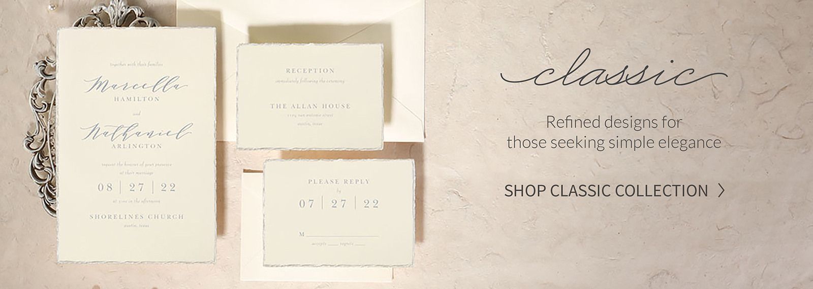 Classic refined wedding invitation suite with elegant typography