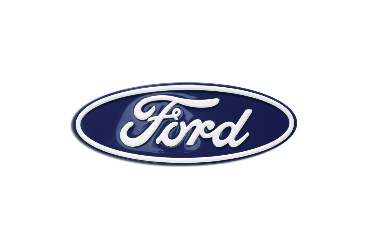 Formed plastic Ford oval logo sign in blue and silver