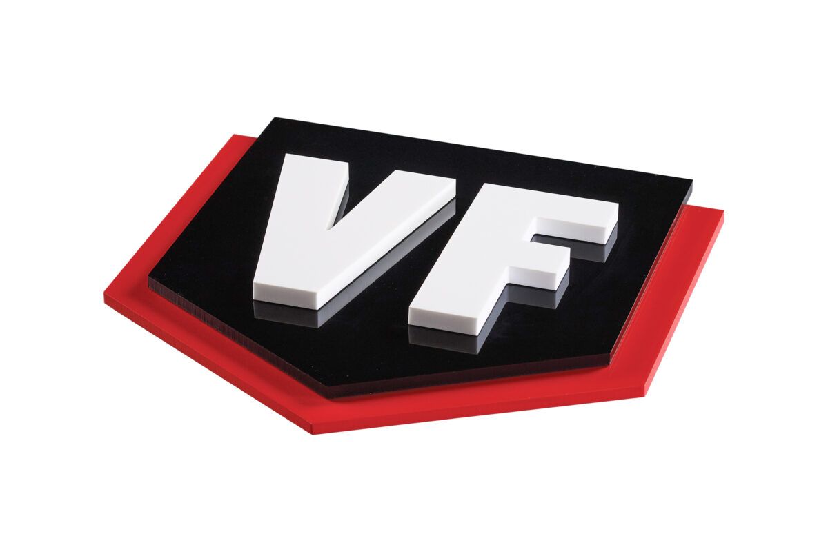 Laser-cut acrylic VF dimensional logo sign with black and red base