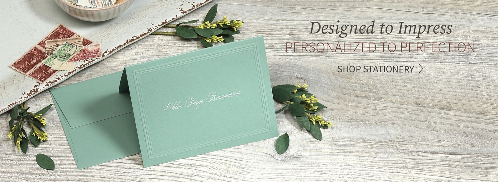 Personalized stationery set with custom greeting cards and greenery