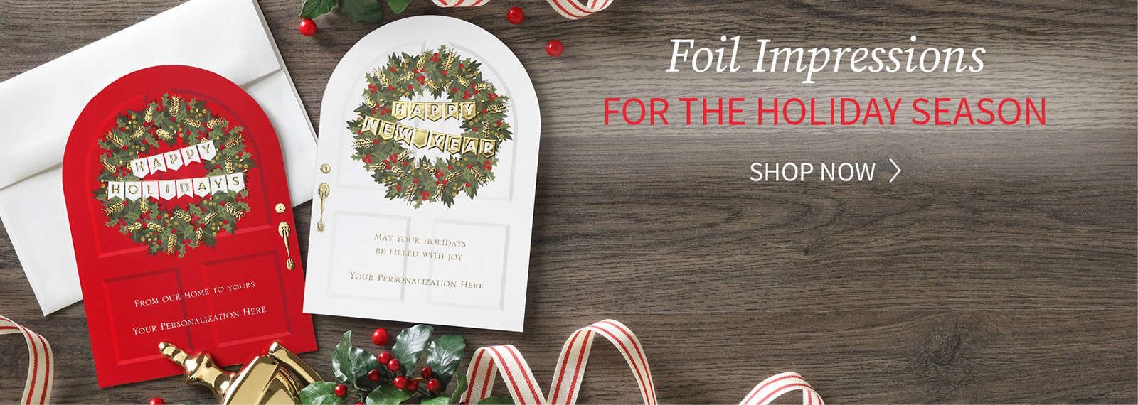 Foil holiday greeting cards with wreath design for Christmas
