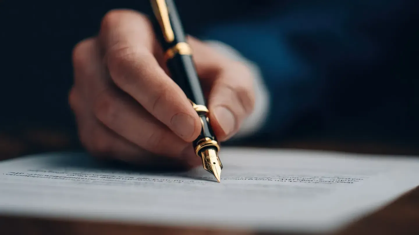 Person's hand writing with a fountain pen on a sheet of paper. Close up view.