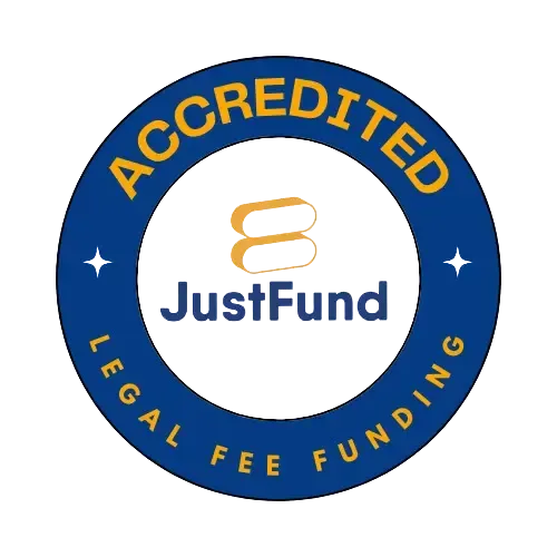 JustFund accredited legal fee funding badge in blue and gold
