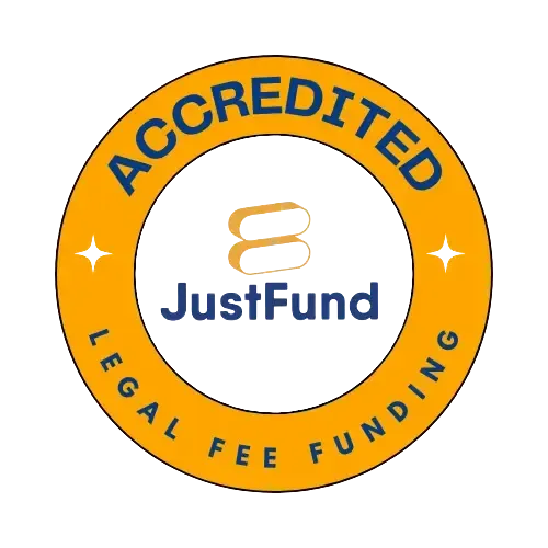 JustFund accredited legal fee funding badge in orange and blue