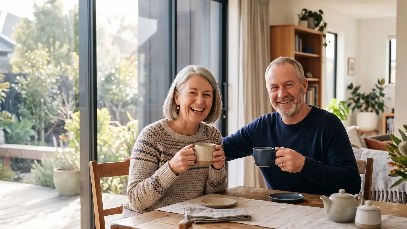 Smiling couple drinking tea at a sunlit dining table in a cozy home