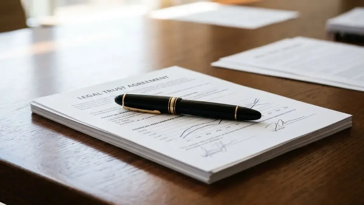Pen resting on a white notepad on a wooden table with blurred papers in the background