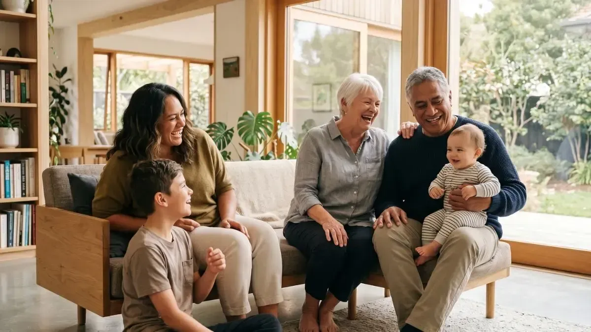 Four people sit together in a sunlit living room, smiling and holding a baby near a large window.