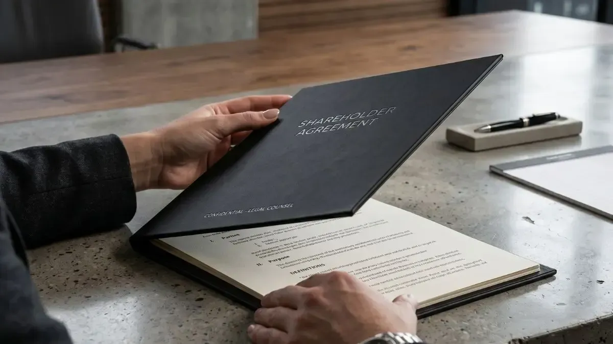 Person opening a black menu on a table to reveal printed pages underneath