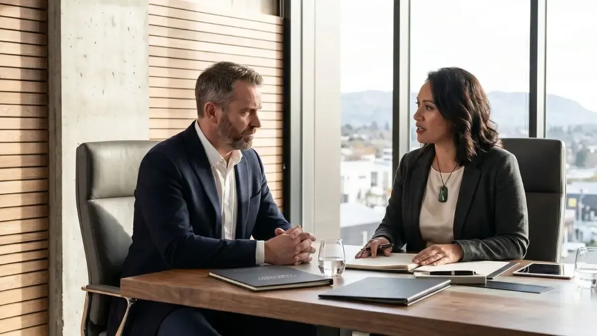 Two professionals meeting at a desk in a bright office, discussing documents with laptops open.