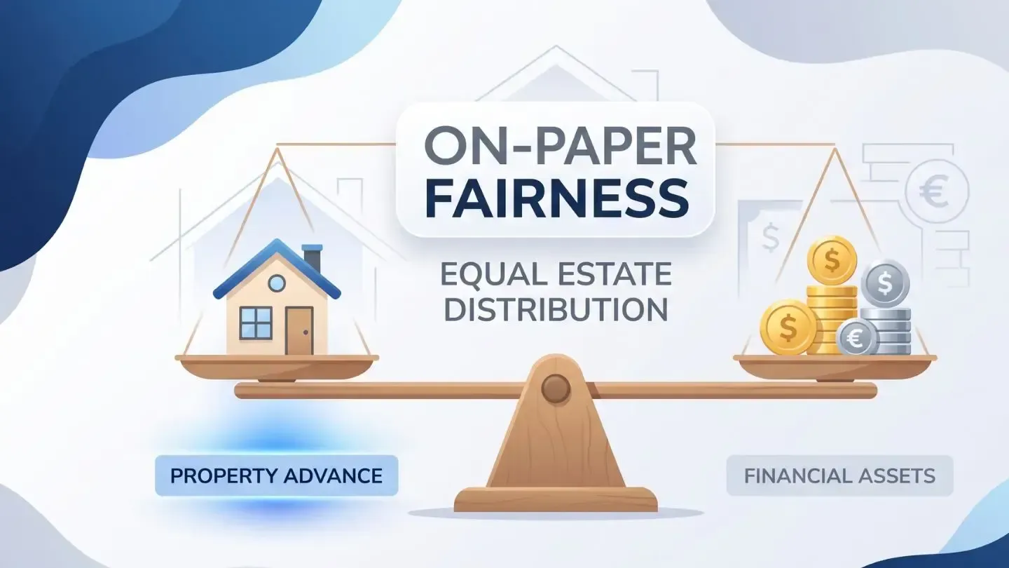 On-paper fairness infographic with a scale balancing a house and gold coins, labeled property advance and financial assets
