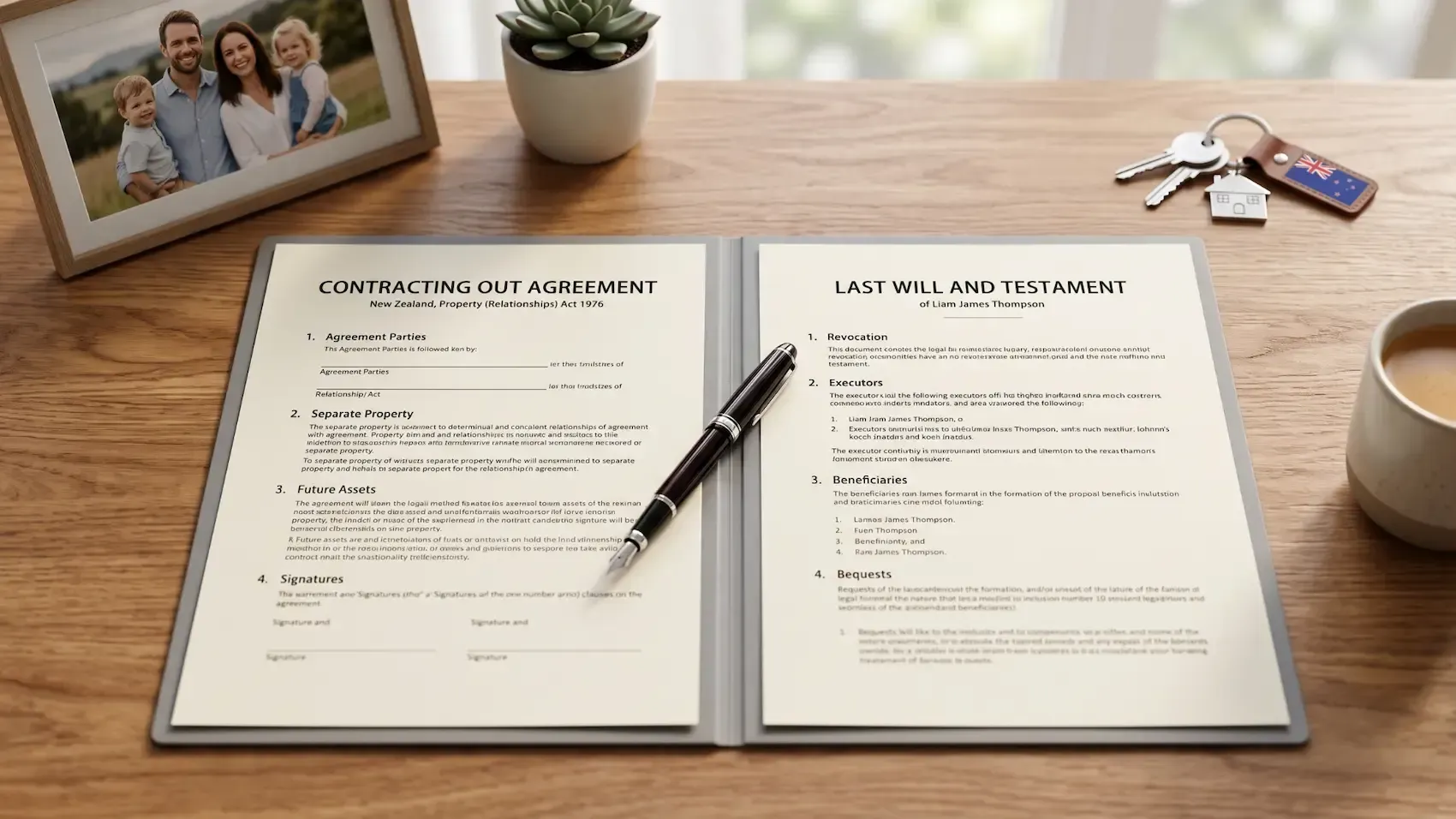 Open notebook on a desk with a pen, coffee cup, keys, and framed photo in a bright office setting