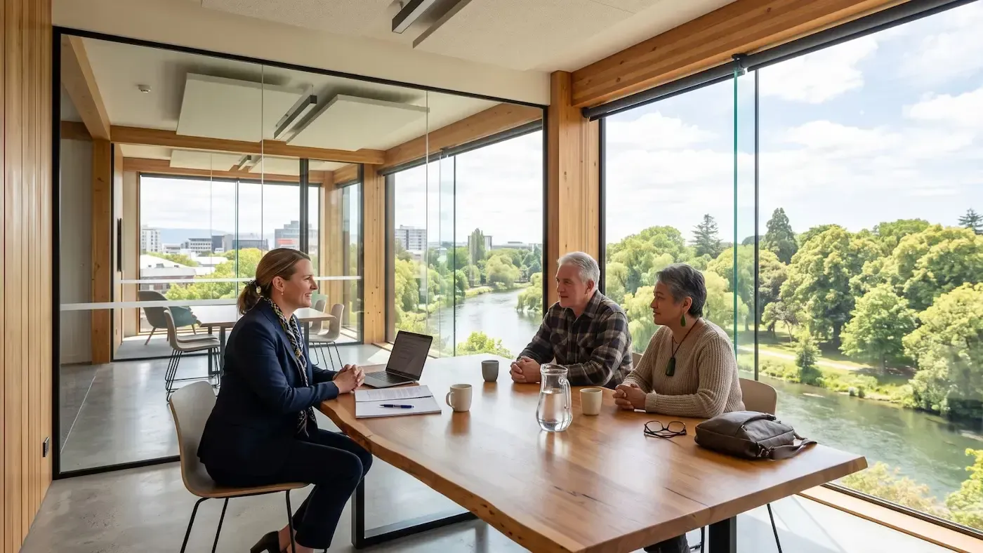Three people talking at a table in a bright glass meeting room overlooking a river and trees