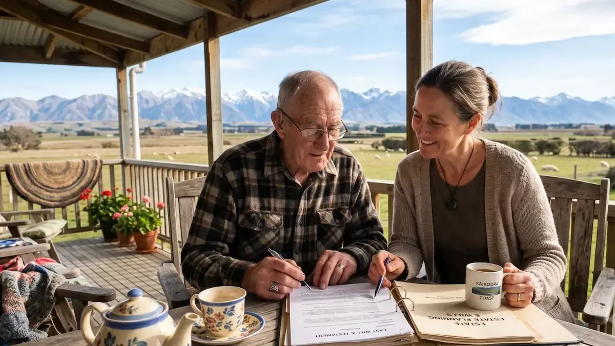 Two people sit at a patio table, smiling over a notebook with coffee mugs and a mountain view behind them