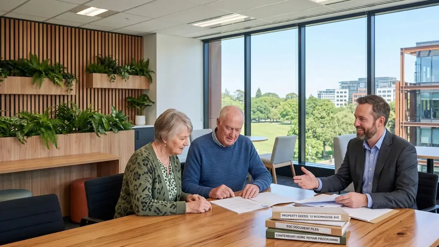 Three people meet at a wooden conference table in a bright office with large windows.