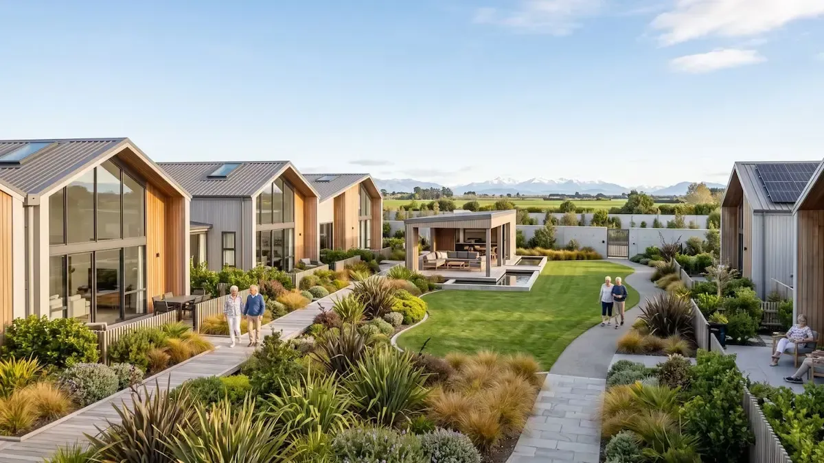 Modern residential courtyard with wooden cabins, landscaped gardens, and a paved walkway under clear skies