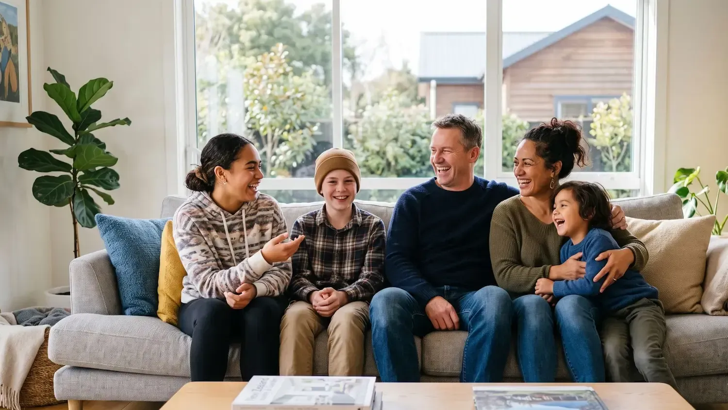 Five people chatting on a couch in a bright living room with large windows