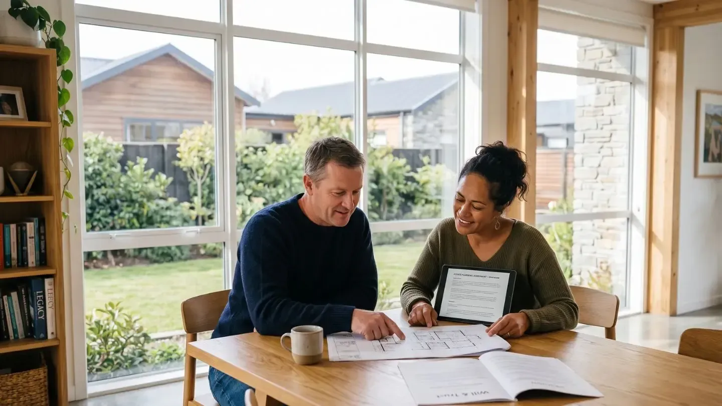 Two people reviewing documents at a wooden table in a bright room with large windows.