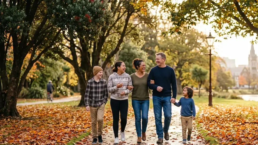 Family walking together on an autumn park path, with trees and fallen leaves in warm sunlight