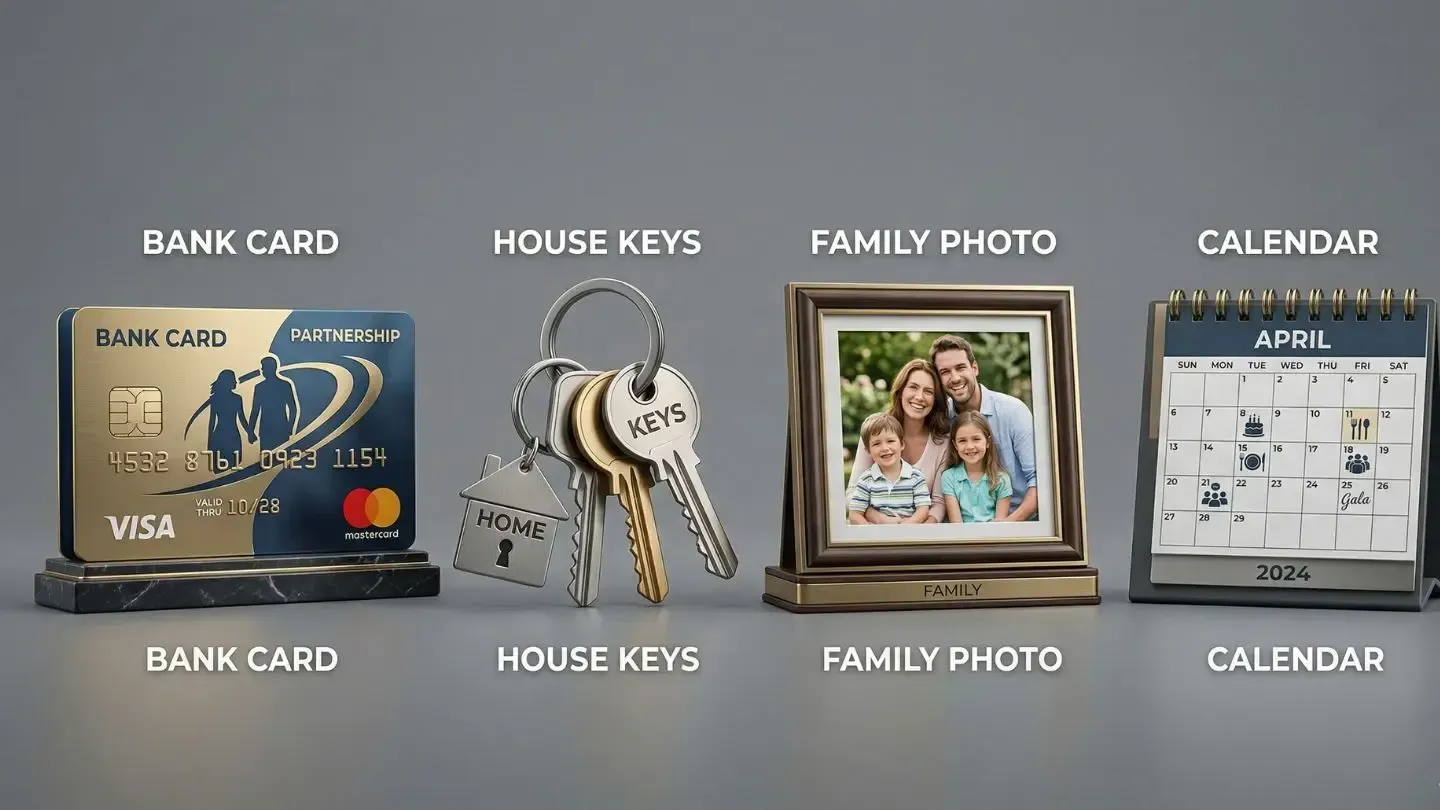 Bank card, house keys, family photo, and calendar displayed in a row on a gray background
