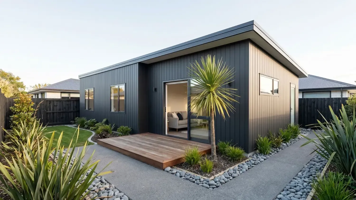 Modern dark-gray house with wooden deck, large windows, and desert landscaping in a sunny yard