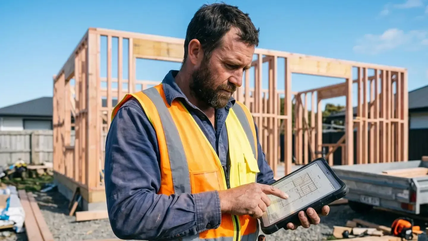 Construction worker in yellow safety vest using a tablet at a building site under construction