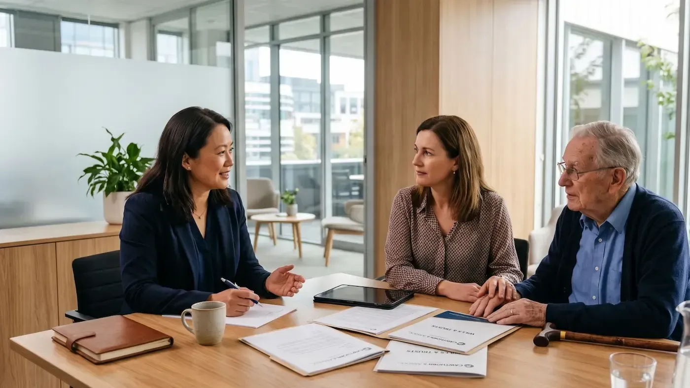 Three coworkers discuss documents at a table in a bright office conference room.