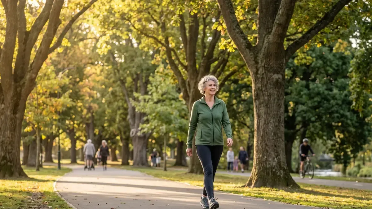 A woman in a green sweater walks along a tree-lined park path in warm sunlight.