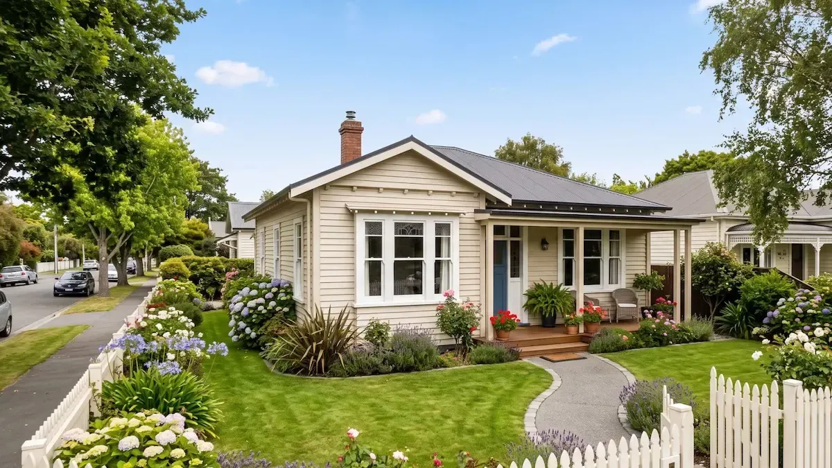 Charming white cottage with a lush front garden, curved path, and white picket fence on a tree-lined street