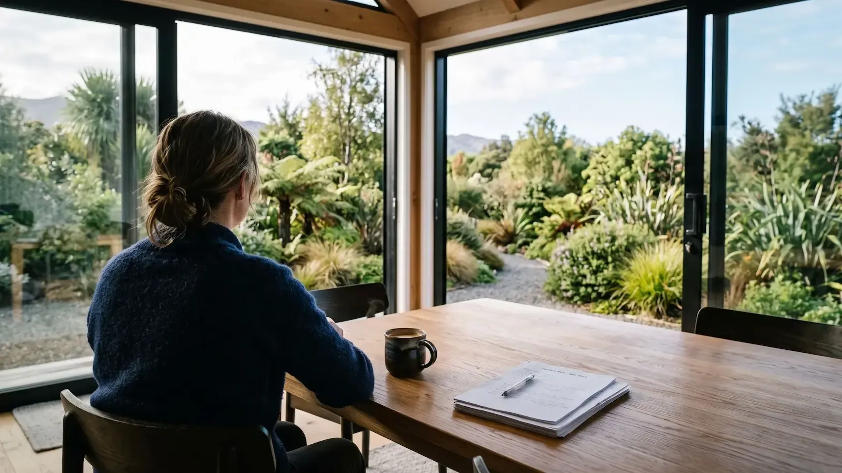 Person seated at a wooden desk by large windows, looking out over a lush garden.
