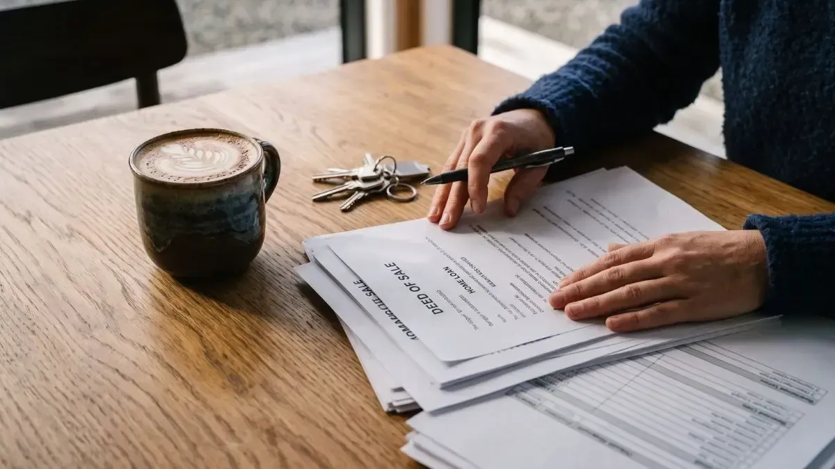 Hand writing on papers beside a cup of coffee on a wooden table
