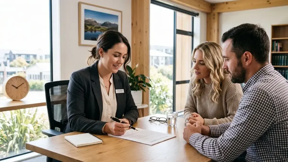 Three people meeting at a desk in a bright office, with notebooks, a laptop, and a potted plant nearby