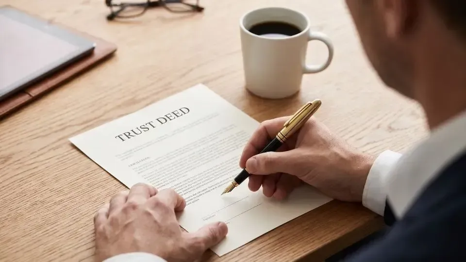 Person reviewing and signing a trust deed at a desk with a coffee mug nearby
