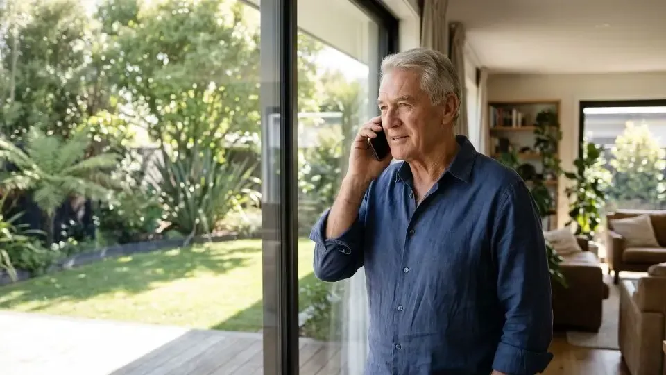 Man in blue shirt talking on phone by a large window with a sunny garden view