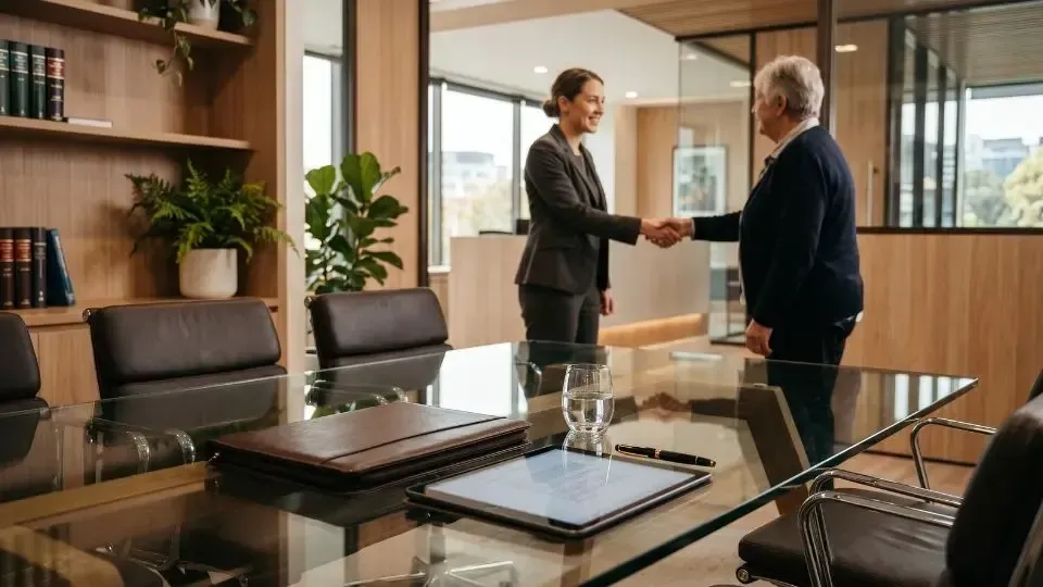 Two professionals shaking hands across a glass conference table in a modern office.