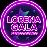 Logotipo de color púrpura neón con la inscripción “LORENA GALA PRODUCCIONES” dentro de un marco circular brillante con estrellas.