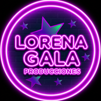Logotipo circular de color púrpura neón con la inscripción “LORENA GALA PRODUCCIONES” y estrellas sobre fondo oscuro.